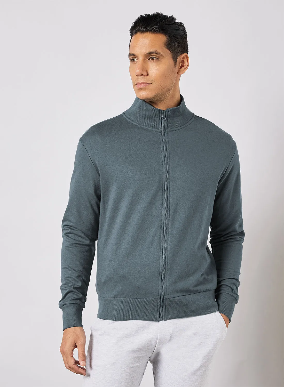 Noon East Men's Long Sleeve High Neck Jacket With Zip and Rib Details Pine