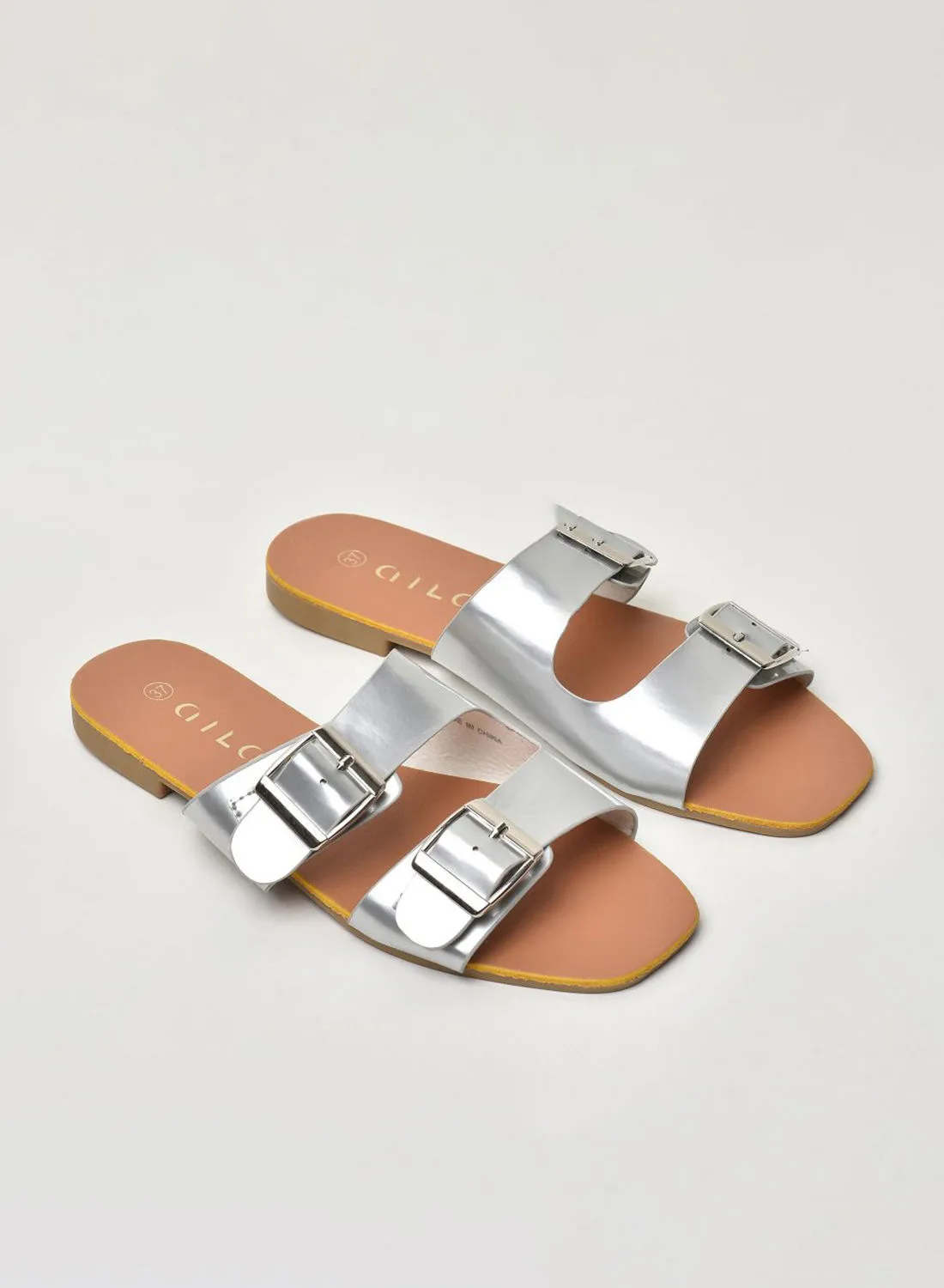 Aila Buckle Detail Double Strap Flat Sandals Silver