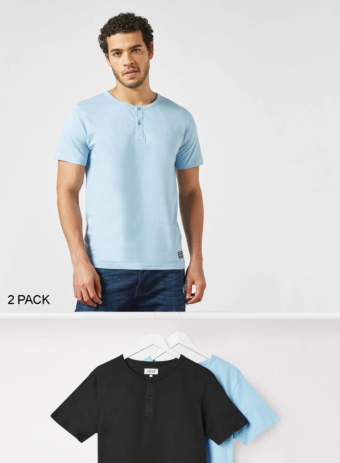 ABOF 2 Pack Of Henley Neck T-Shirt Light Blue/Black