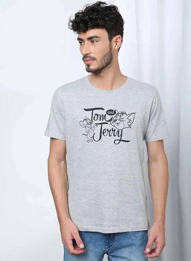 DRIP Tom and Jerry Printed Round Neck Regular Fit T-Shirt Very Light Fog Grey