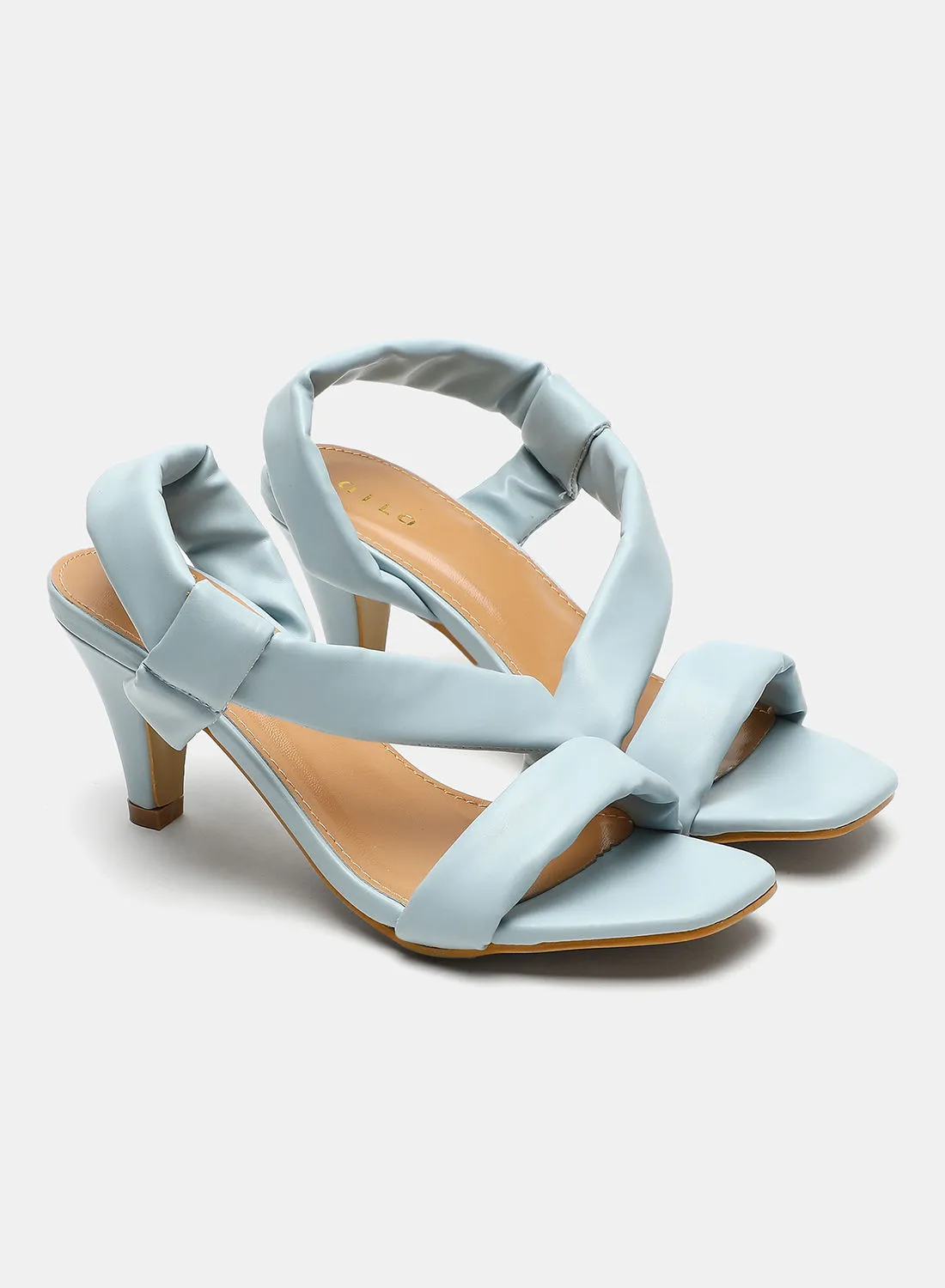 Aila Solid Pattern Side Strap Heeled Sandals Light Blue