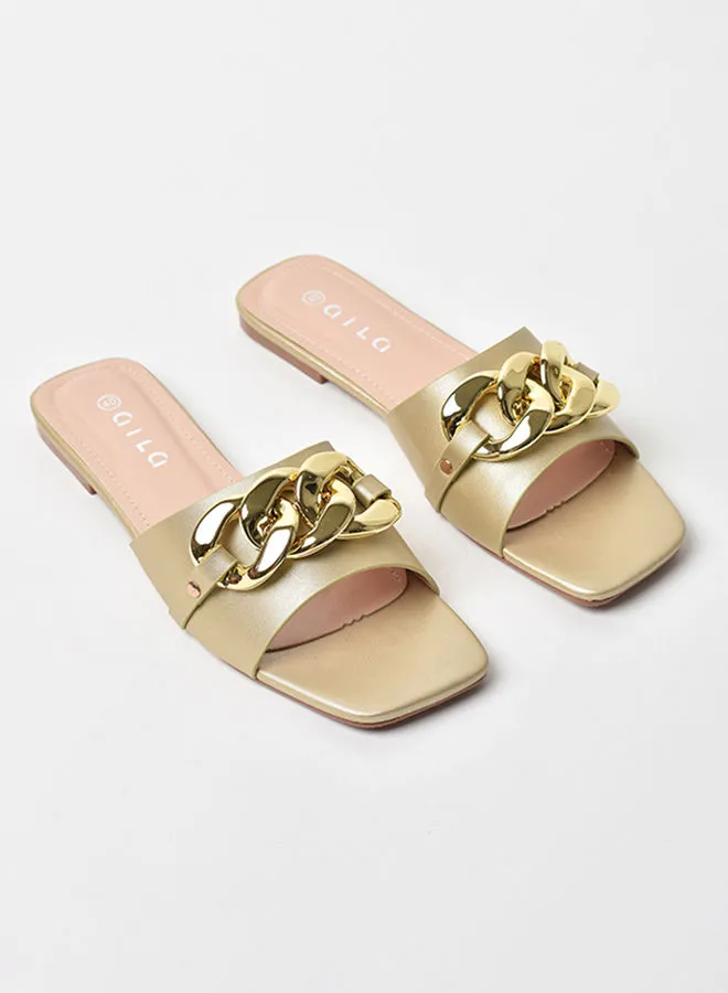 Aila Chain Detail Broad Strap Flat Sandals Gold