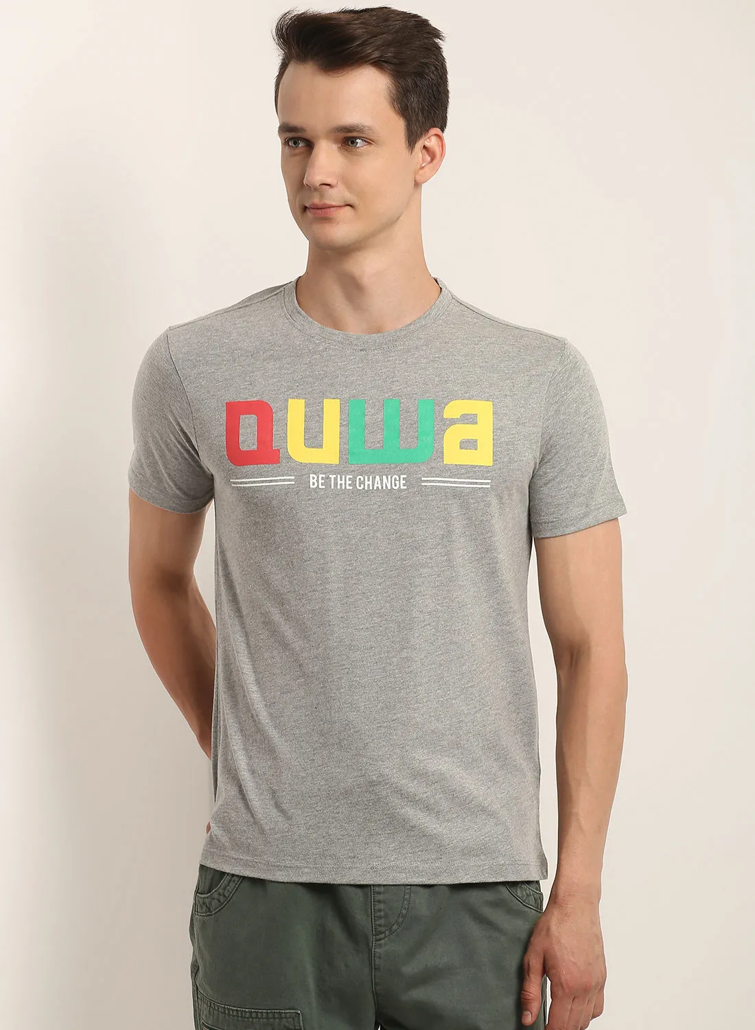 QUWA Men casual slim fit multicolor brand logo printed T-shirt Cloud Grey