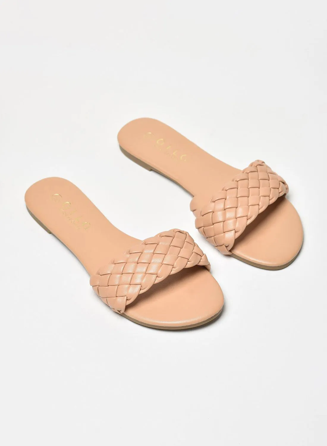 Aila Braided Pattern Strap Flat Sandals Camel