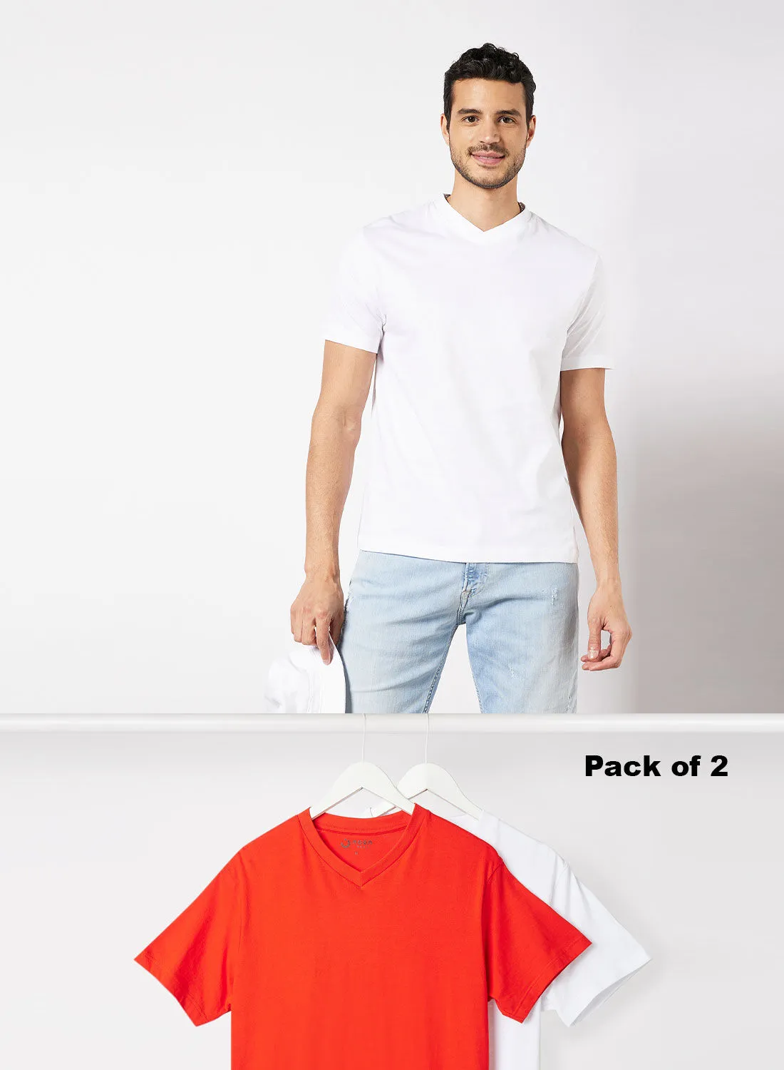 Noon East Pack Of 2 Men's Basic V-Neck Cotton Biowashed Fabric Comfort Fit Stylish Design T-Shirt Raddish Red/White