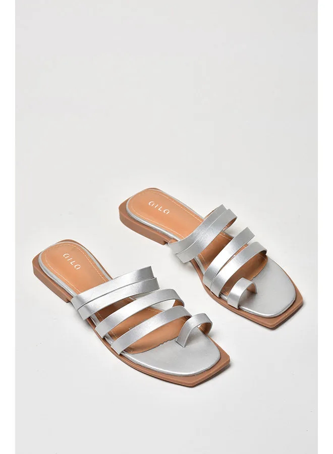 Aila Multi Strap Slip-On Flat Sandals Silver