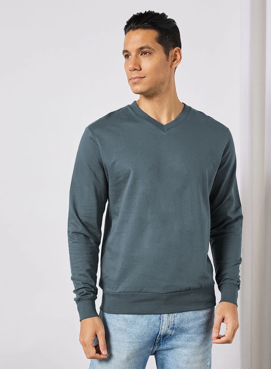 Noon East Men's V-Neck Cotton Sweatshirt with Rib detail Pine