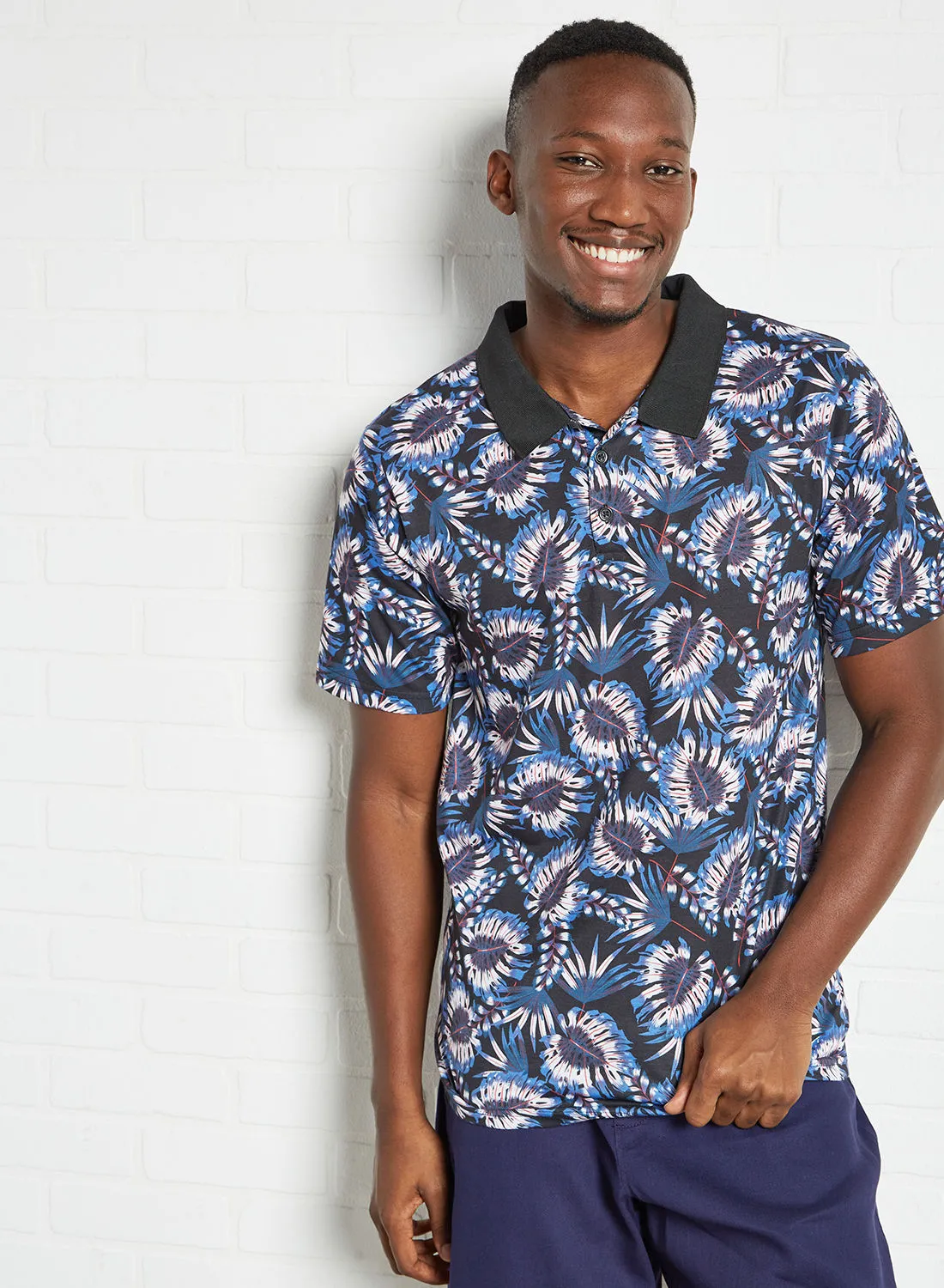 STATE 8 Leaf Print Polo T-Shirt Navy