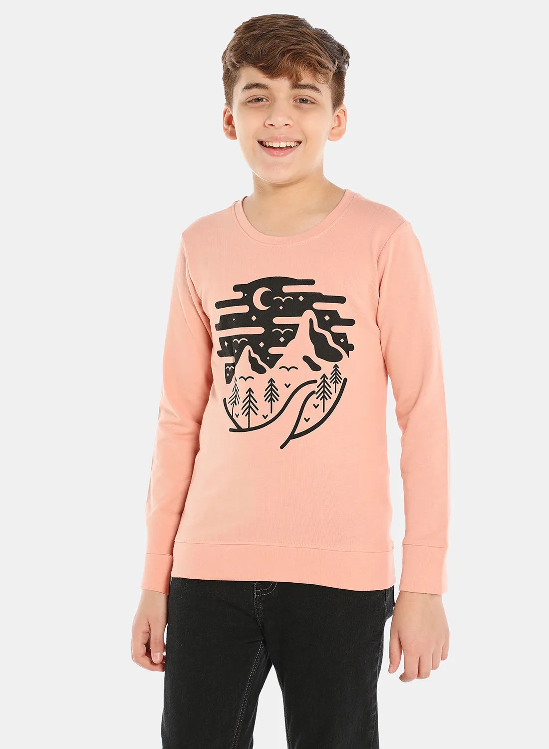 QUWA Comfortable Boys Graphic Printed Long Sleeve cotton Crew Neck Sweatshirt Pink/Black