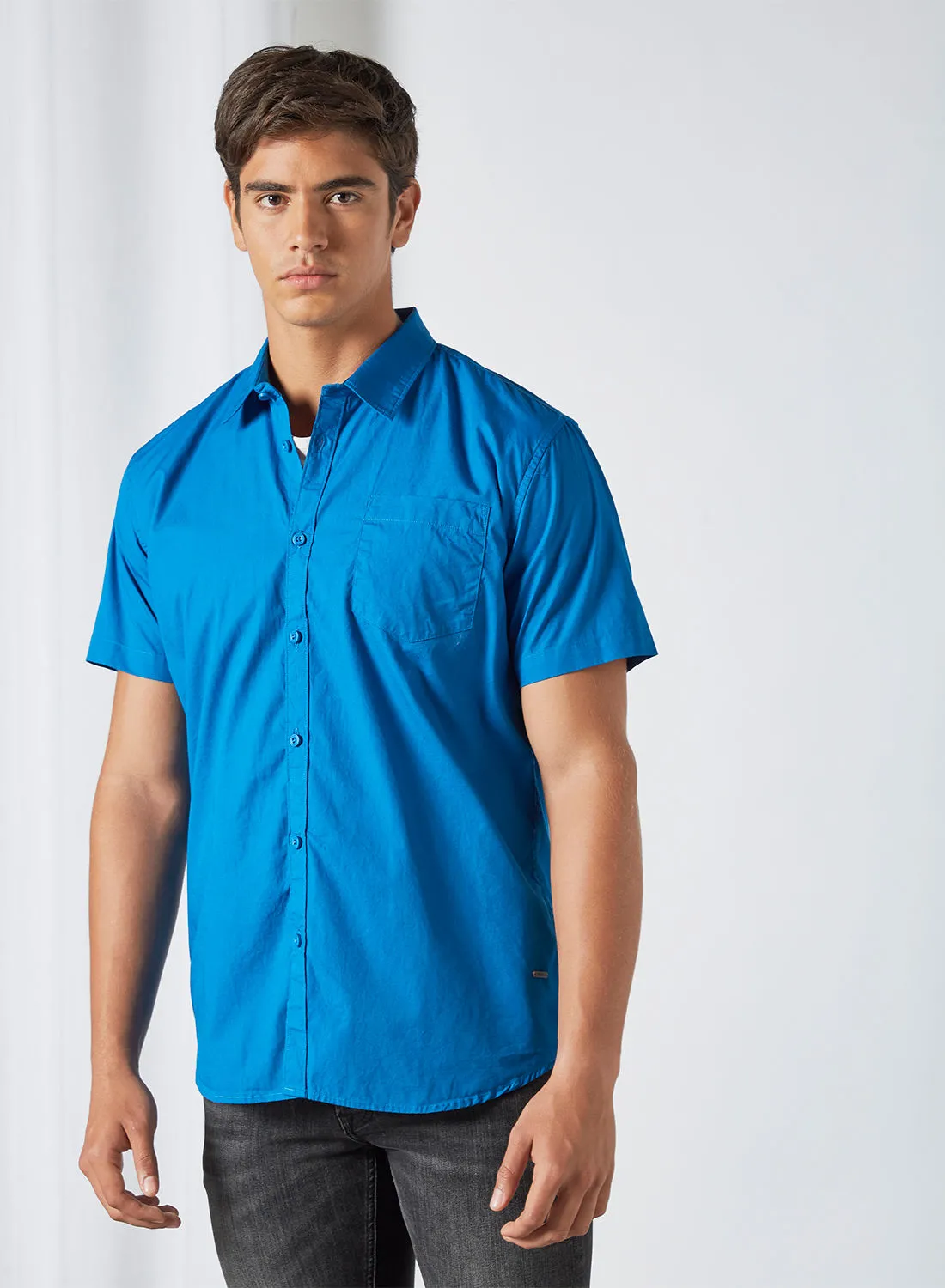 ABOF Men's Basic Short Sleeve Shirt Dark Azure Blue