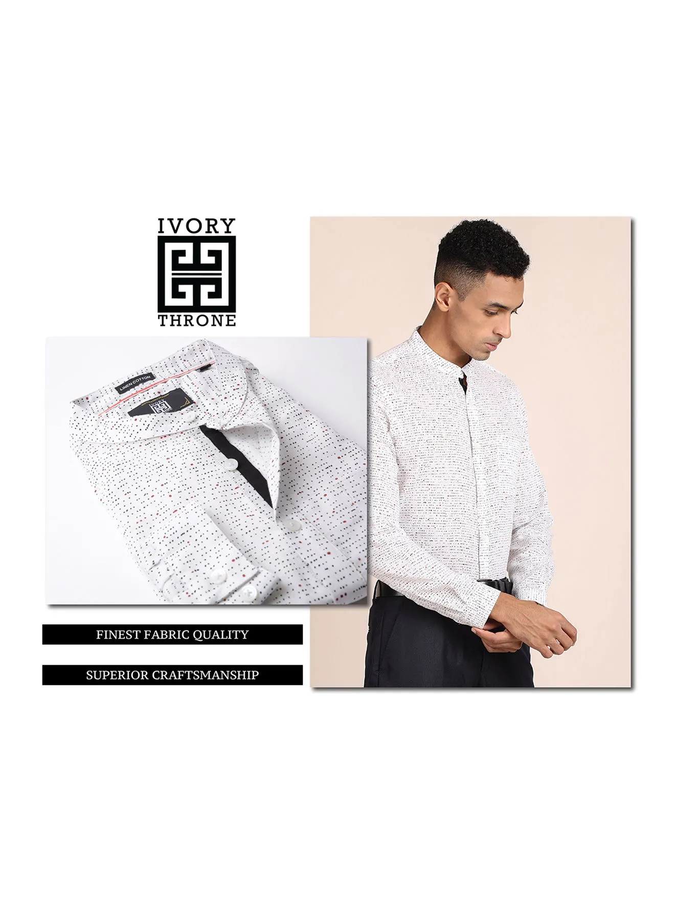 Ivory Throne Classic Dobby Mandarin Collared Formal Shirt White/Black