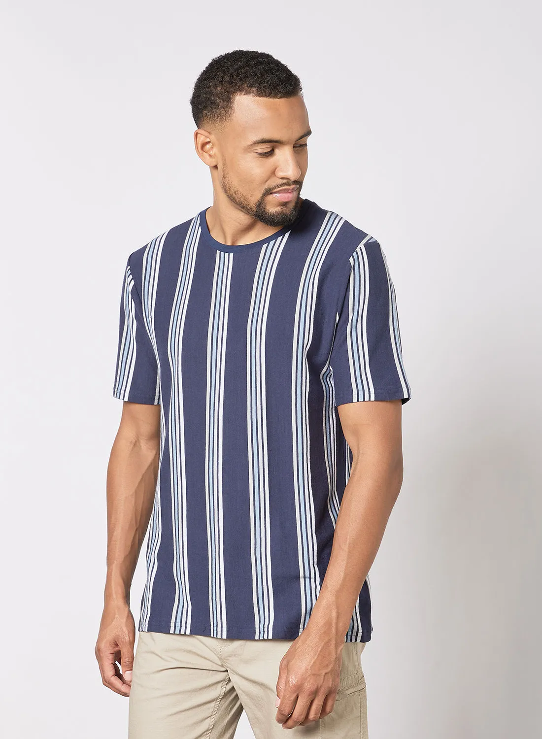 R&B Striped Printed Round Neck T-Shirt Navy Blue