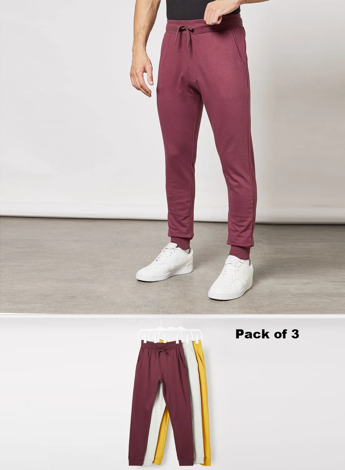 Noon East Men's 3 Pack Of Basic Casual Regular Fit Joggers With Side Pockets Grey Melange/Mineral Yellow/Maroon