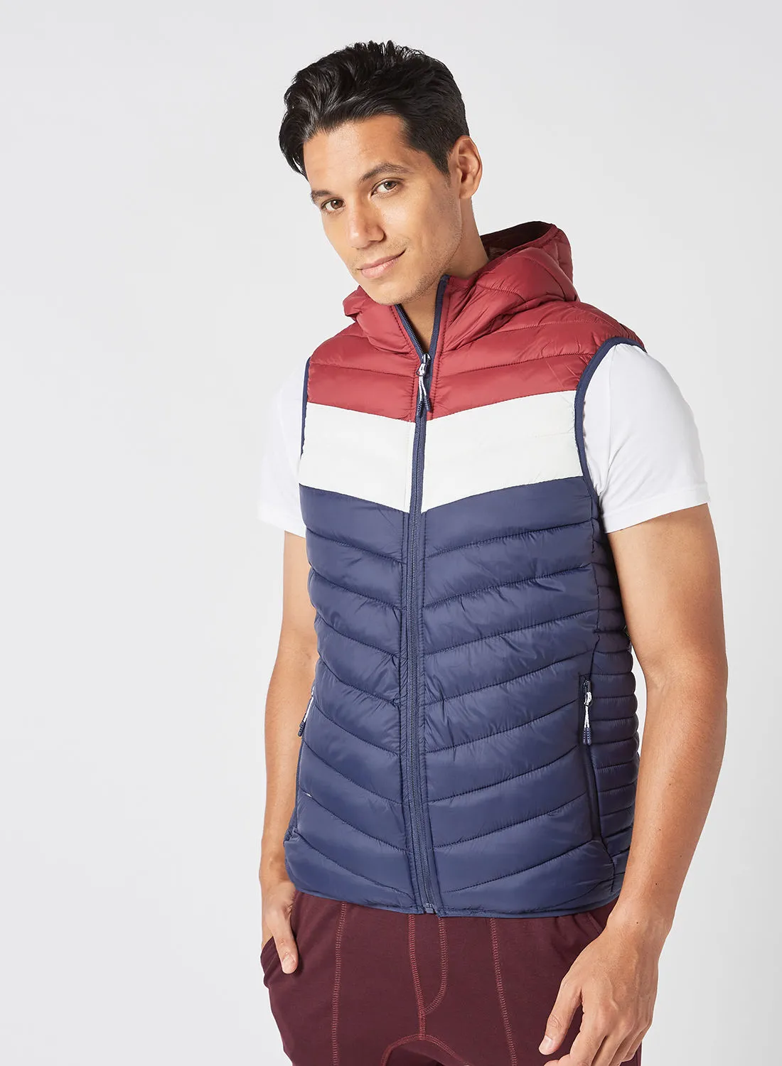 Athletiq Men's Casual Hooded And Side Pockets Detail Stripped Puffer Vest Jacket Blue/Red/White