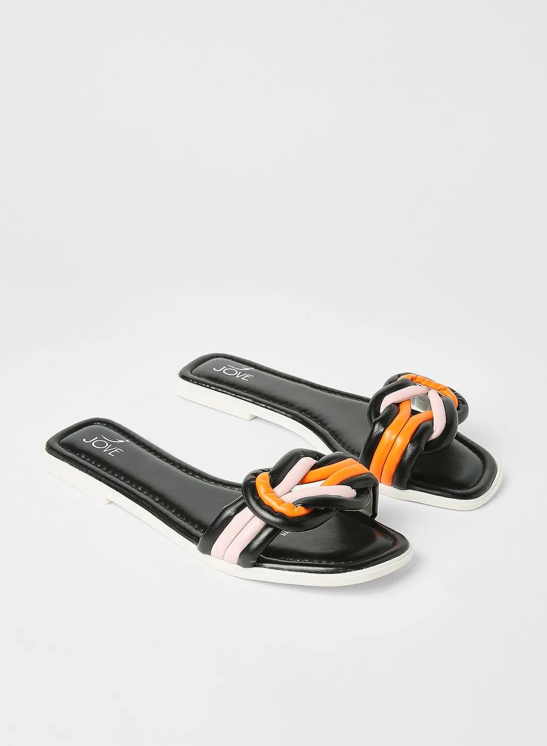 Jove Stylish Flat Sandals Black/Orange/Pink