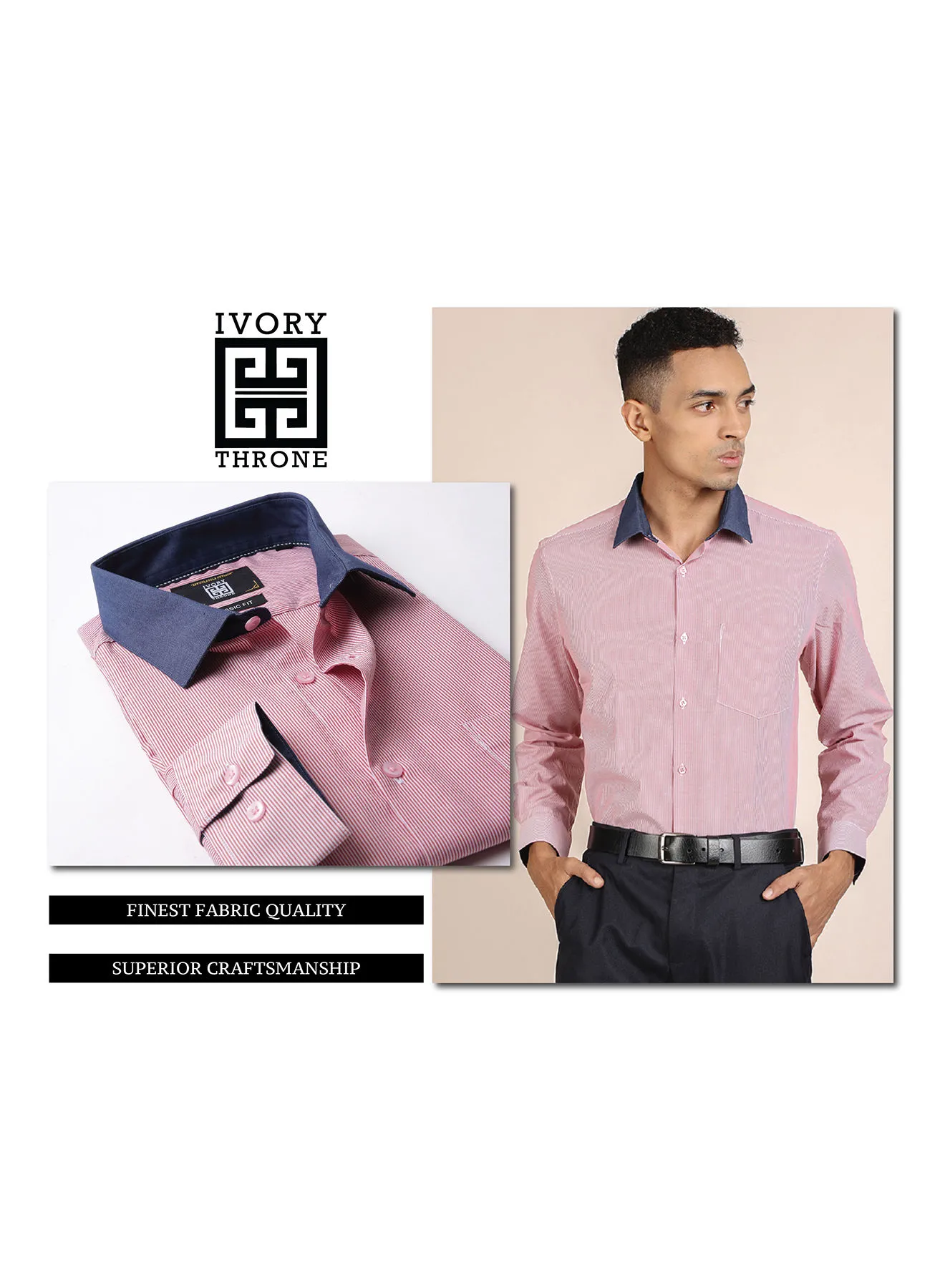 Ivory Throne Classic Stripe Point Collared Formal Shirt Pink