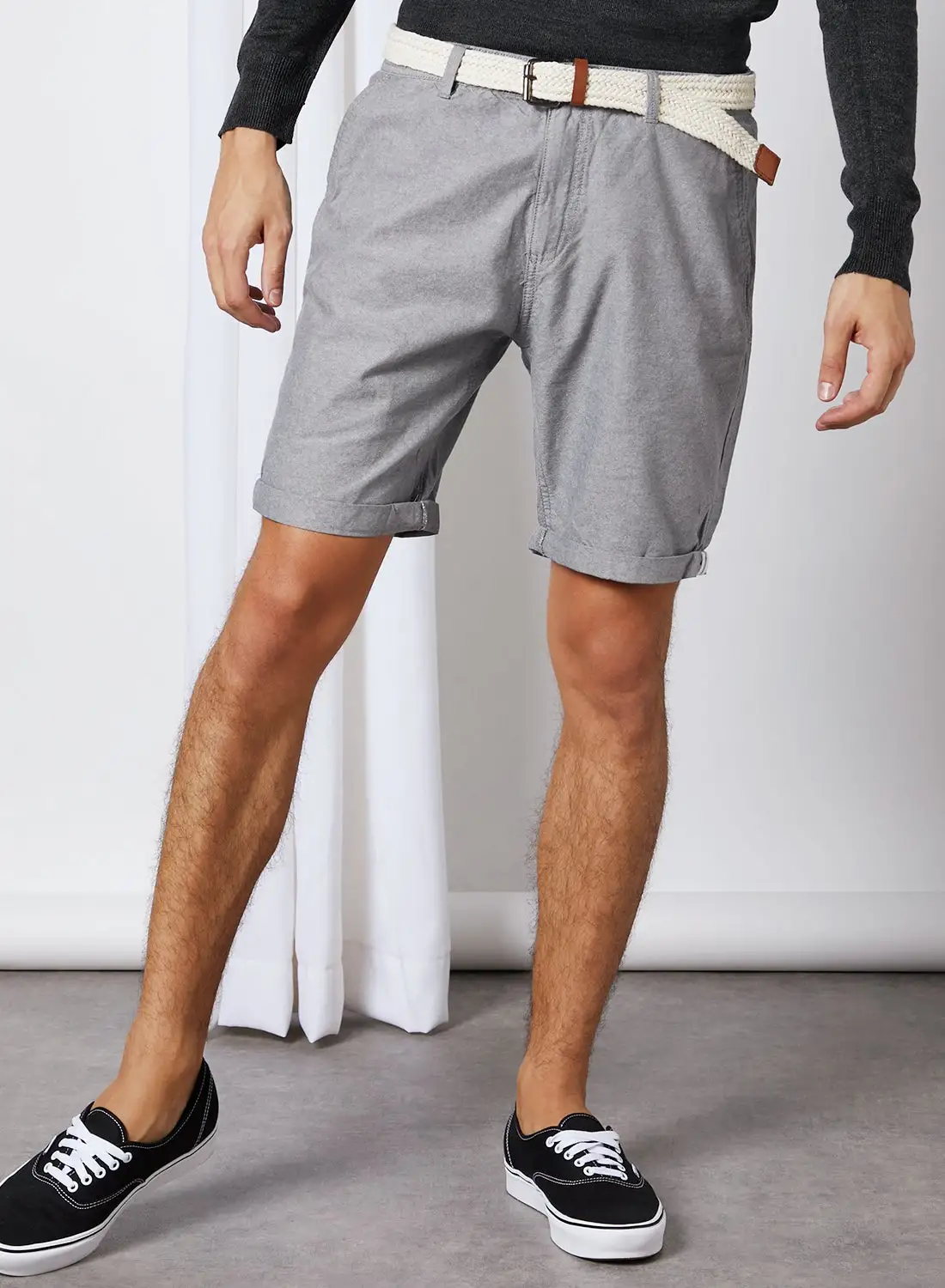 BRAVE SOUL Cantley Turn Up Shorts With Belt Grey