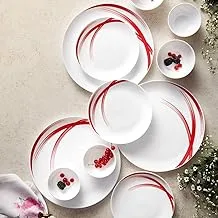 British Chef 21 Pieces Opalware Dinner Sets- Microwave & Dishwasher Safe- Red Steela Dinnerware set with 6 Full Plate/6 Side Plate/6 Vegetable Bowl/2 Serving Bowl/1 Rice plate - White