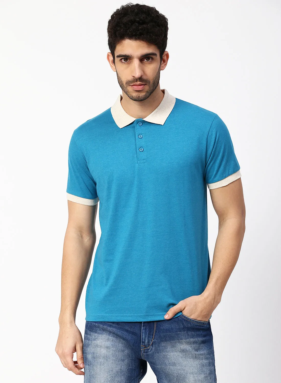 Noon East Men's Basic Casual Polo Neck Cotton Comfort Fit Half Sleeve T-Shirt Heather Light Blue
