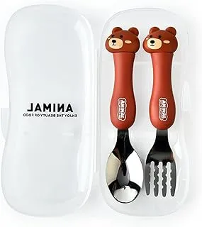 IBAMA Cartoon Toddler Utensils Cute Animal Stainless Steel Children's Tableware Set Student Fork and Spoon Two Piece Creative Cutlery Set with Portable Travel Case For Girls Boys Kids-Bear Brown