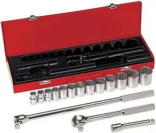 Klein Tools 65512 1/2-Inch Drive Socket Wrench Set with 12-Point SAE Sockets, Extension, Flex Handle, Ratchet, Case Included, 16-Piece