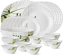 British Chef 27 Pieces Opalware Dinner Sets- Microwabe & Dishwasher Safe- Green Herbs Dinnerware set with 6 Full Plate/6 Side Plate/6 Soup Bowl/6 Vegetable Bowl/2 Serving Bowl/1 Rice plate- White