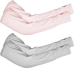 ECVV 2 Pairs UPF 50 Arm Cooling Sleeves UV Protection Long Arm Cover for Cycling Driving Summer Ice Silk Sleeves with Thumb Hole for Outdoor Sports, Pink and gray, One Size