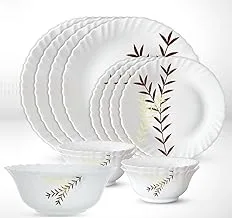 British Chef 13 Pieces Opalware Dinner Sets- Microwave & Dishwasher Safe-Oak Dinnerware set with 4-Piece Full Plate/ 4-Piece Side Plate/ 1-Piece Serving Bowl/1-Piece Vegetable Bowl- White