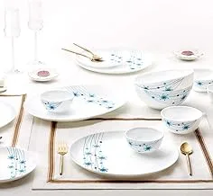 British Chef 21 Pieces Opalware Dinner Sets- Microwave & Dishwasher Safe- Bluebell Dinnerware set with 6 Full Plate/6 Side Plate/6 Vegetable Bowl/2 Serving Bowl/1 Rice plate - White