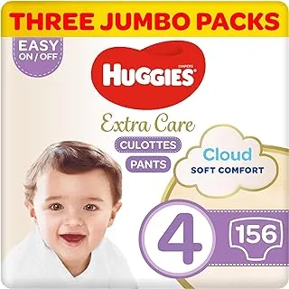 Huggies Extra Care Culottes, Size 4, 9-14 kg, Super Jumbo Pack, 156 Diaper Pants