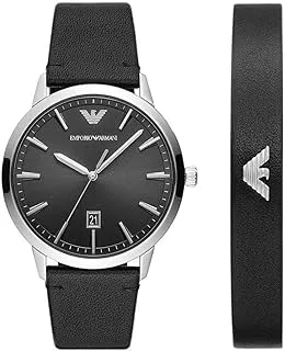Emporio Armani Men's watch, three-hand date movement, 43 mm, black stainless steel case with leather strap, AR80064SET