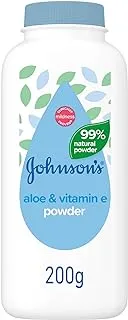 Johnson's Aloe & Vitamin E Baby Powder, Cornstarch Formulation, 99% Plant-Based Powder, Soothes & Freshens Skin, Fresh Scent, Dermatologist Tested, Talc-Free, 200g