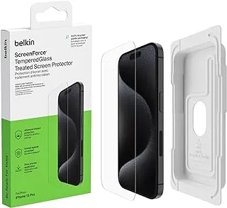 Belkin ScreenForce TemperedGlass Treated Screen Protector for iPhone 15 Pro, Slim, Crystal Clear, Scratch-Resistant Tempered Glass Film, Includes Easy Align Tray for Bubble Free Application