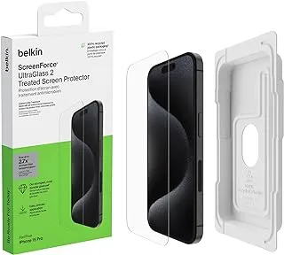 Belkin ScreenForce UltraGlass 2 Treated iPhone 15 Pro Screen Protector, Scratch-Resistant, 9H Hardness Tested Glass with Slim Design, Includes Easy Align Tray for Bubble-Free Application