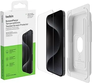 Belkin ScreenForce TemperedGlass Treated Screen Protector for iPhone 15 Pro Max, Slim, Crystal Clear, Scratch-Resistant Tempered Glass Film, Includes Easy Align Tray for Bubble Free Application