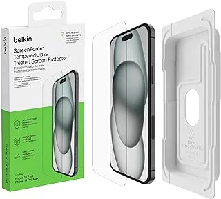 Belkin ScreenForce TemperedGlass Treated Screen Protector for iPhone 15 Plus, Slim, Crystal Clear, Scratch-Resistant Tempered Glass Film, Includes Easy Align Tray for Bubble Free Application