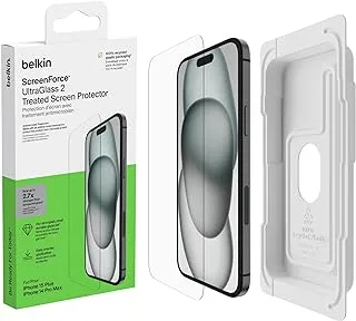 Belkin ScreenForce UltraGlass 2 Treated iPhone 15 Plus Screen Protector, Scratch-Resistant, 9H Hardness Tested Glass with Slim Design, Includes Easy Align Tray for Bubble-Free Application