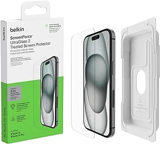 Belkin ScreenForce UltraGlass 2 Treated iPhone 15 Screen Protector, Scratch-Resistant, 9H Hardness Tested Glass, Slim Design, Full Screen Coverage, Includes Easy Align Tray for Bubble-Free Application
