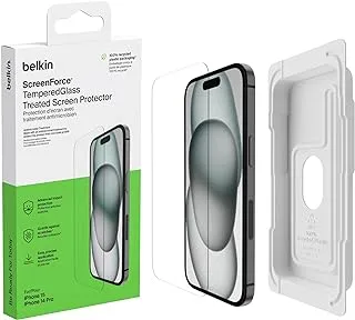 Belkin ScreenForce TemperedGlass Treated Screen Protector for iPhone 15, Slim, Crystal Clear, Scratch-Resistant, Full Screen Tempered Glass Film, Includes Easy Align Tray for Bubble Free Application