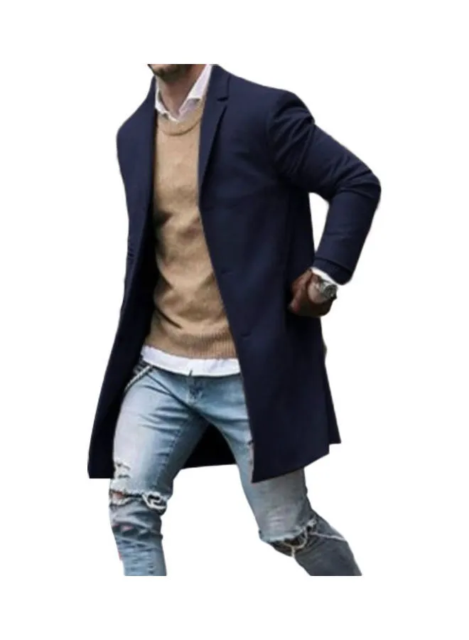 Generic Fashion Men Winter Solid Colour Trench Coat Outwear Overcoat Long Sleeve Jacket Navy Blue