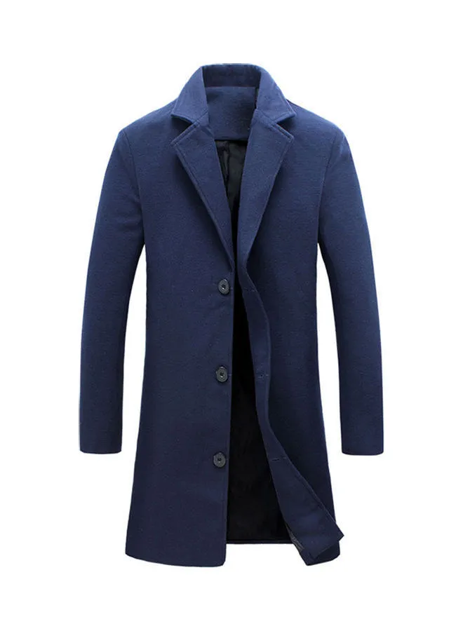 Generic Lapel Collar Woolen Single-Breasted Trench Coat Navy Blue