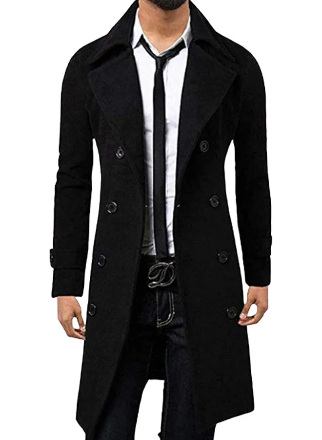 Generic Double Breasted Turn Down Collar Slim Woolen Overcoat Black