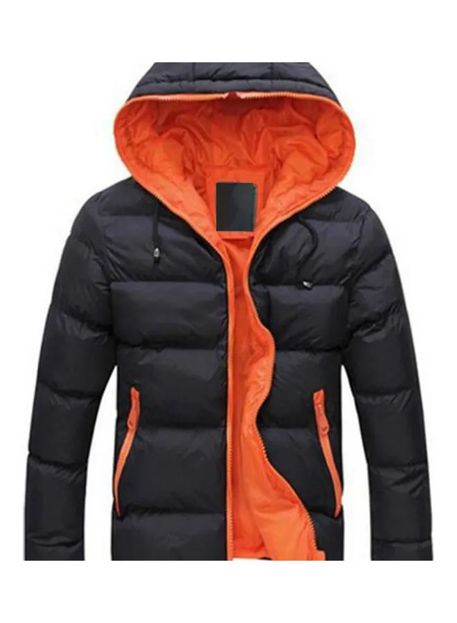 Generic Men Colour Block Zipper Hooded Cotton Padded Coat Slim Fit Thicken Outwear Jacket Black + Orange