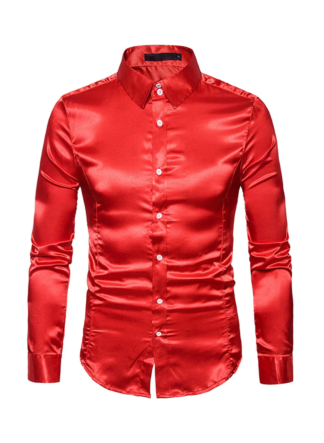 Generic قميص طية صدر السترة بأكمام طويلة لامع كاجوال باللون الأحمر