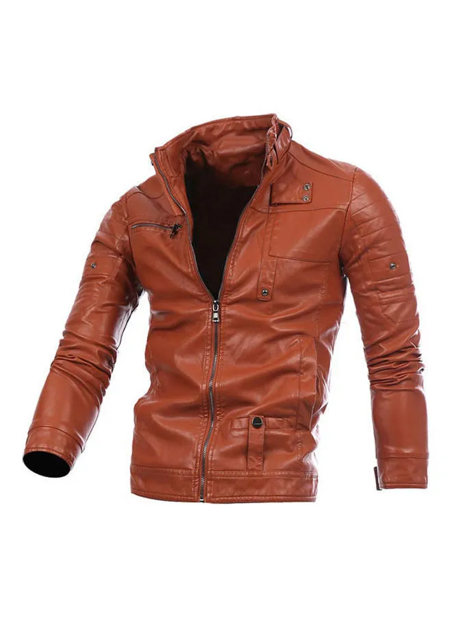 Generic Autumn Faux Leather Zipper Jacket Brown
