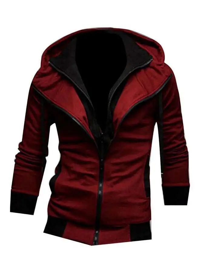 Generic Plus Size Men Colour Block Long Sleeve Slim Fit Hooded Zipper Jacket Coat Outwear Red