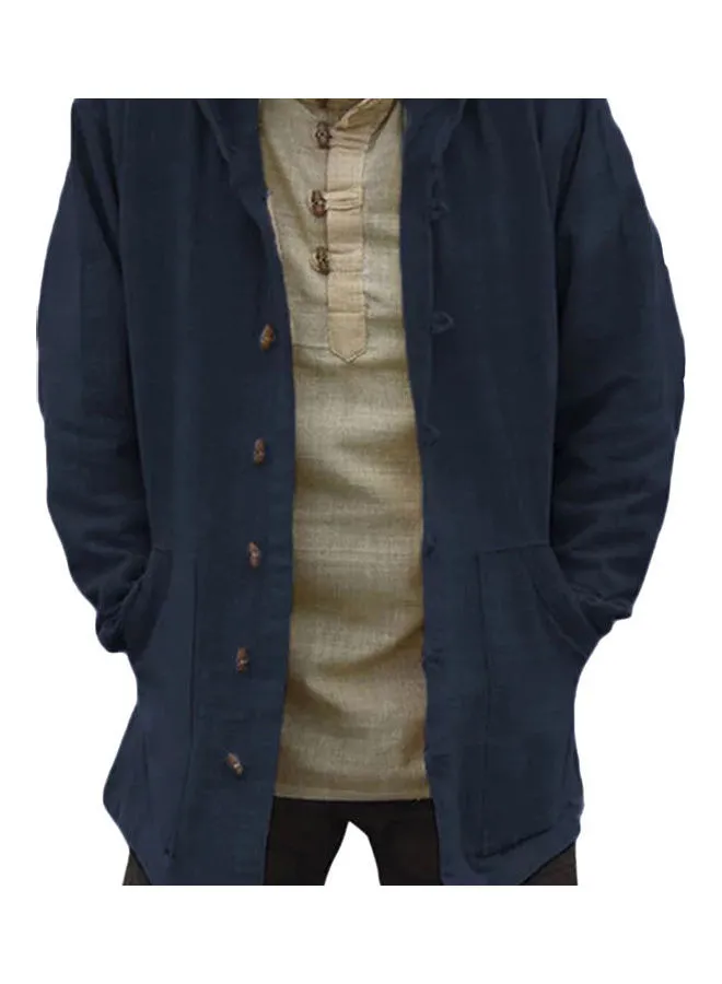Generic Vintage Plus Size Men Solid Colour Line Long Sleeve Hooded Coat Loose Outwear Navy Blue