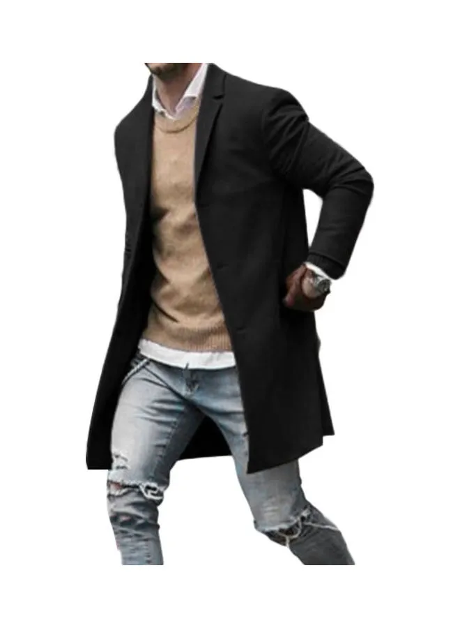 Generic Fashion Men Winter Solid Colour Trench Coat Outwear Overcoat Long Sleeve Jacket Black