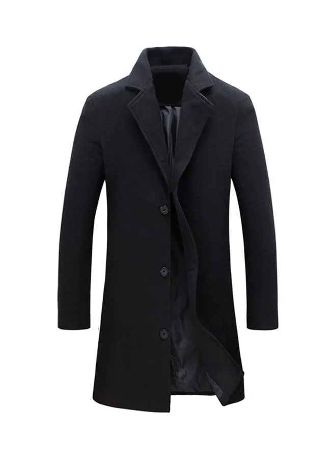Generic Lapel Collar Woolen Single-Breasted Trench Coat Black