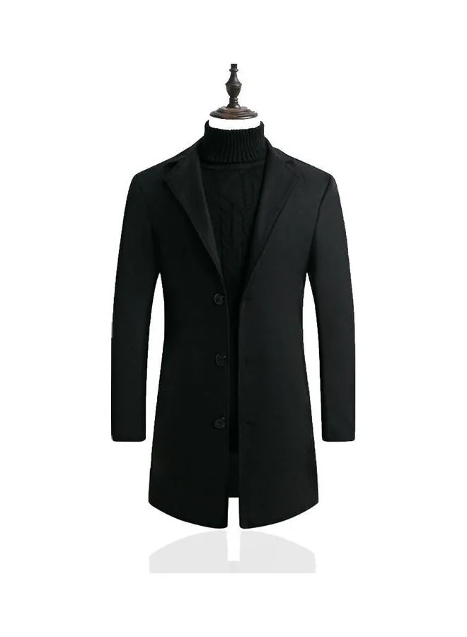 Generic Men Slim Single-Breasted Woolen Coat V-Neck Solid Color Lapel Over Size Middle Long Overcoat Black